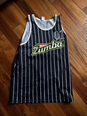 Zumba navy Pinstripe basketball style Tank with Neon Logo